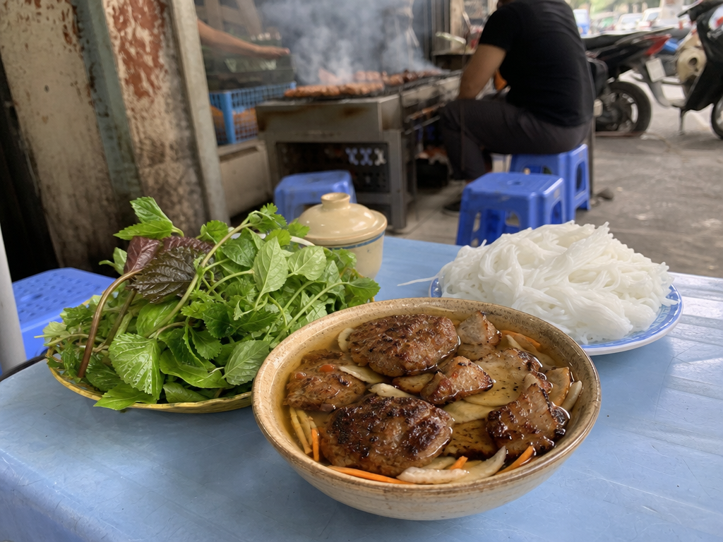 Một tô bún chả với chả thịt nướng và thịt ba chỉ trong nước chấm, ăn kèm với bún gạo và rau thơm ở Hà Nội.