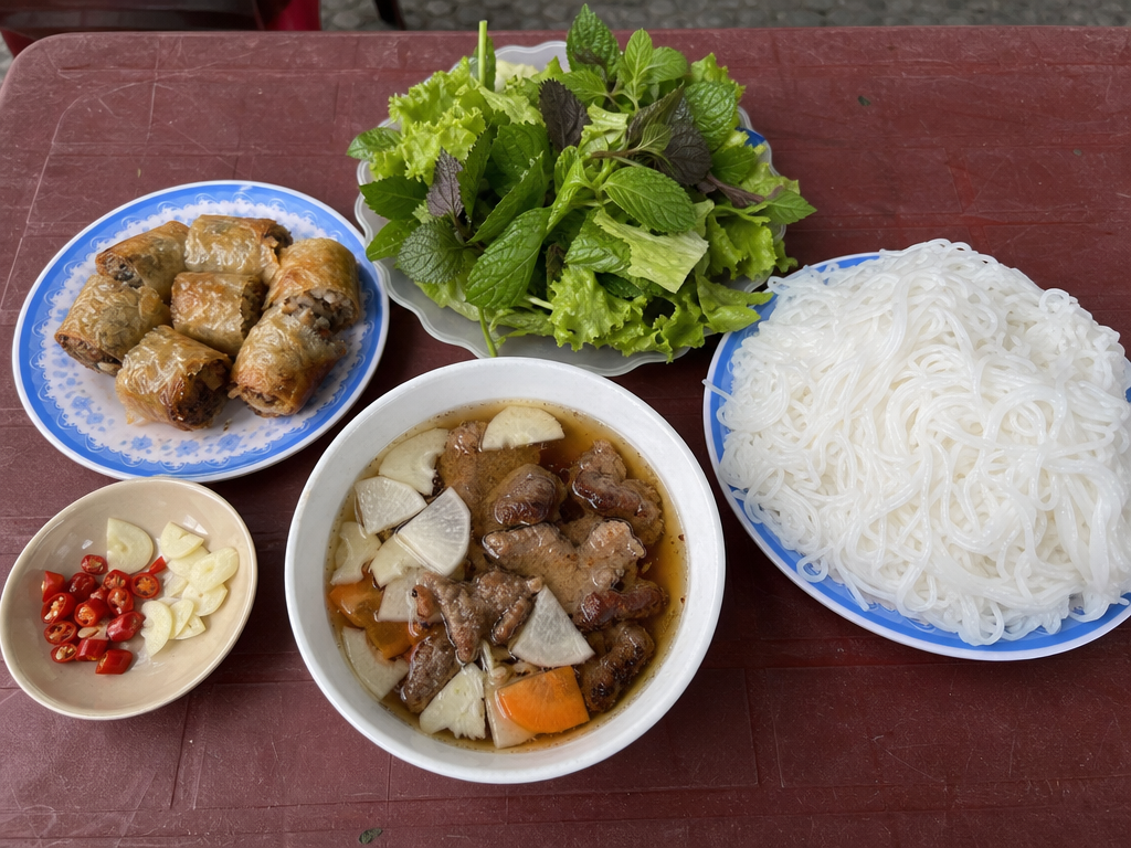 Quán bún chả nhỏ địa phương ở khu phố cổ Hà Nội với ghế nhựa và thực khách địa phương.