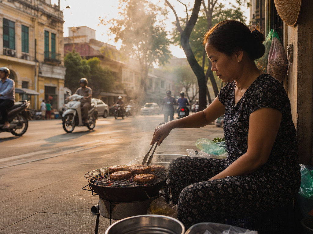 Người bán hàng rong nướng chả thịt trên than củi trên vỉa hè Hà Nội để bán bún chả.