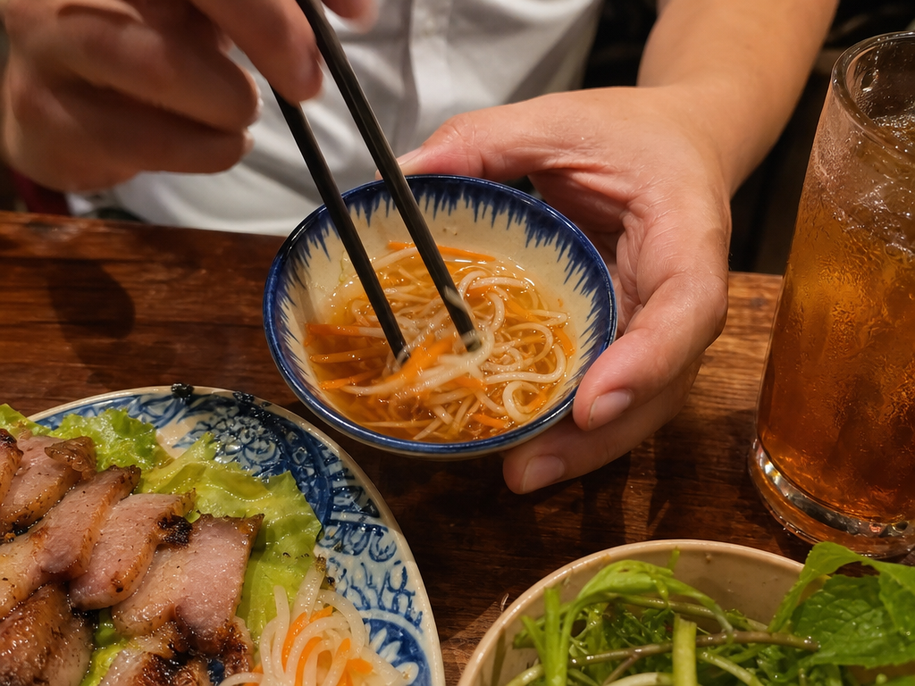 Cận cảnh nước chấm nuoc cham với đu đủ muối, cà rốt và thịt heo nướng dùng kèm bún chả.