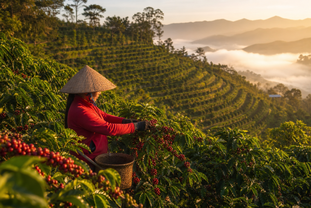 A terraced coffee plantation on a hillside near Da Lat, Vietnam, with rows of coffee bushes and misty mountains in the background