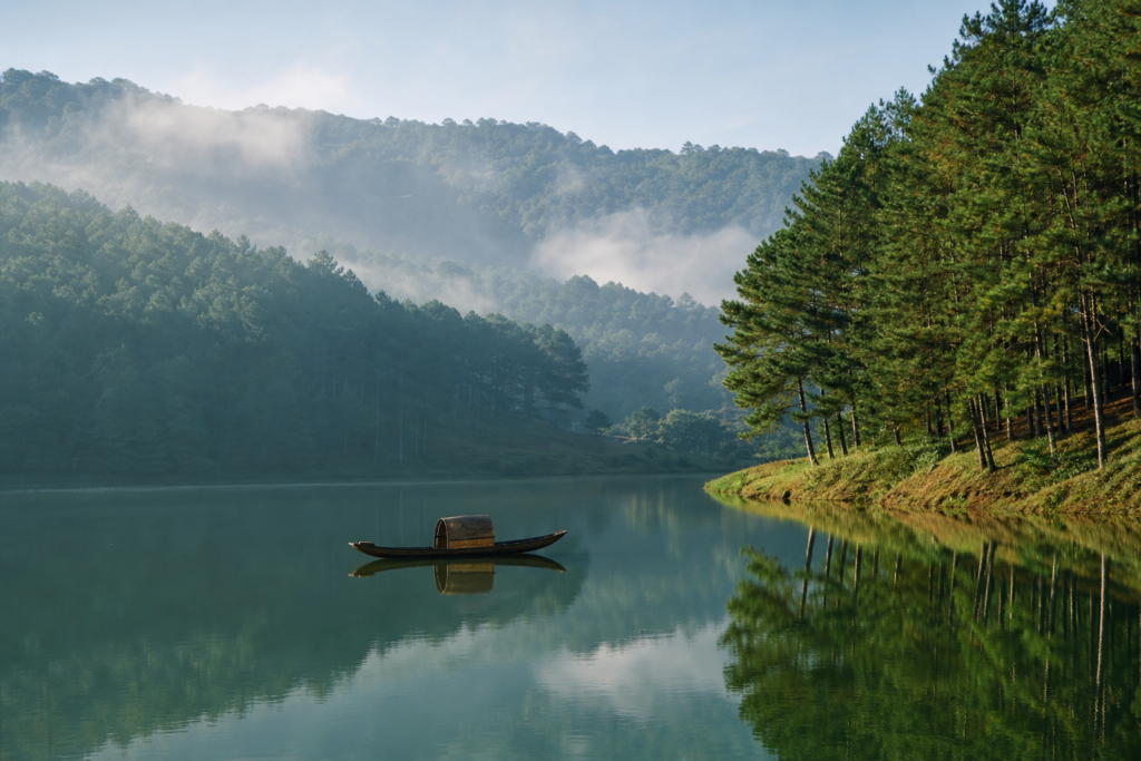 Misty pine forest hills around Tuyen Lam Lake near Da Lat, Vietnam, with calm reflective water and a small wooden boat