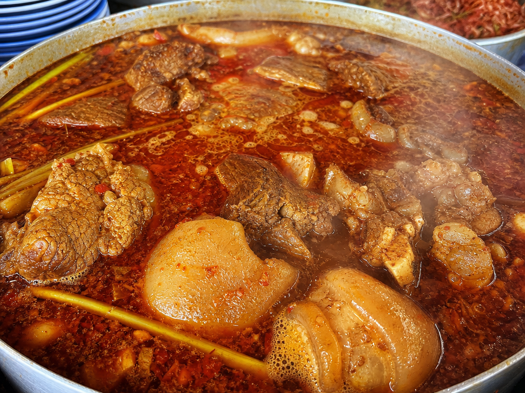 Close-up of simmering spicy red bún bò Huế broth with beef shank and pork knuckle in a large pot