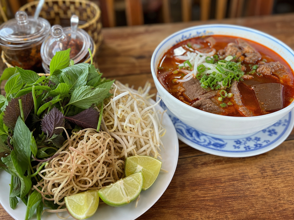 Full bowl of bún bò Huế with thick noodles, beef shank, pork knuckle, and red spicy broth