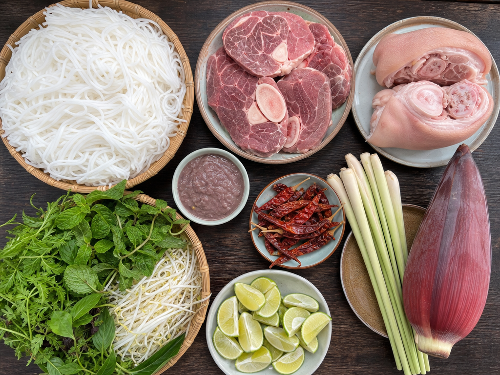 Raw ingredients for bún bò Huế including noodles, beef shank, lemongrass, shrimp paste, and banana blossom