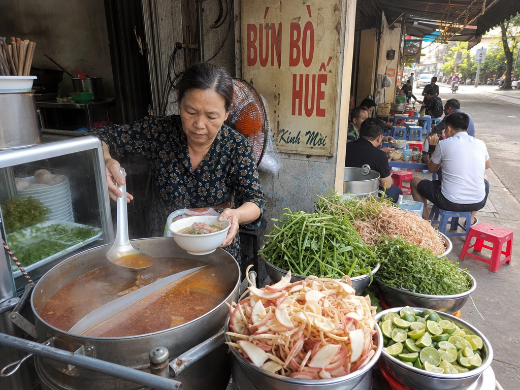 Street food vendor ladling bún bò Huế broth at a stall in Hue with fresh herbs and banana blossom on the counter