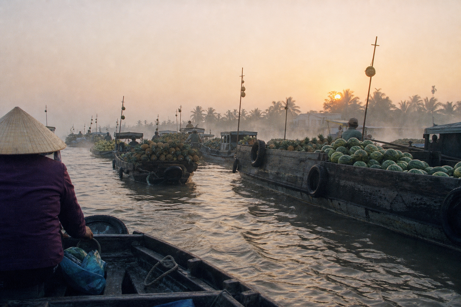 Cargo boats loaded with pineapples and watermelons in river mist at Cai Rang floating market near Can Tho at dawn
