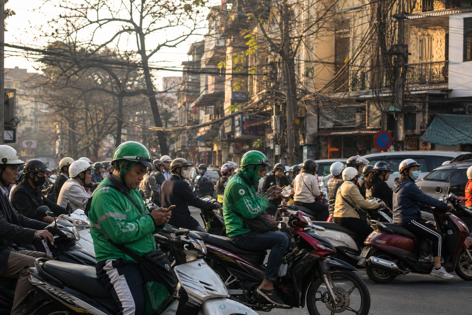 Busy Hanoi intersection with motorbikes and ride hailing drivers waiting in traffic