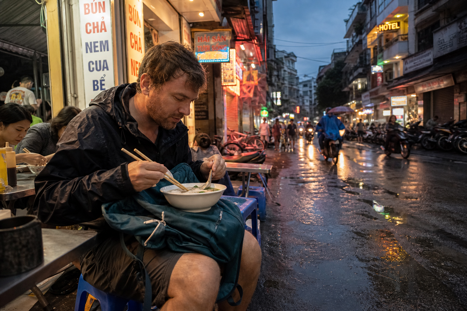 Traveler eating noodle soup on a low plastic stool at a Hanoi street food stall with a small daypack