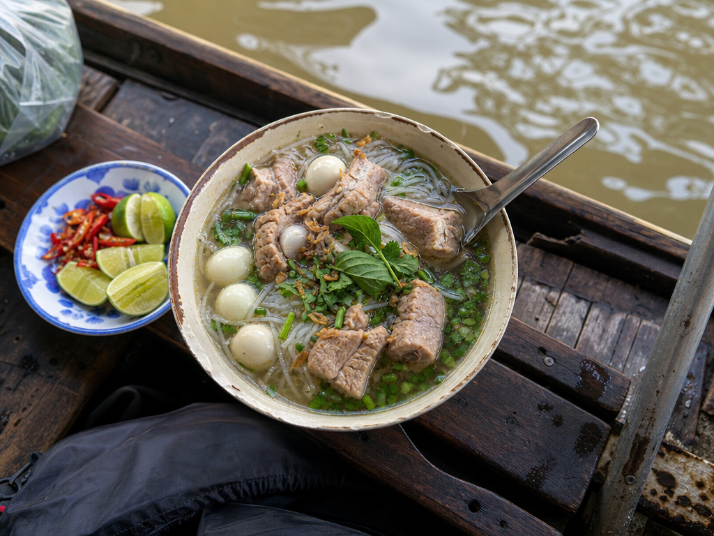 Bowl of Vietnamese noodle soup with pork ribs and herbs balanced on a boat bench at a floating market