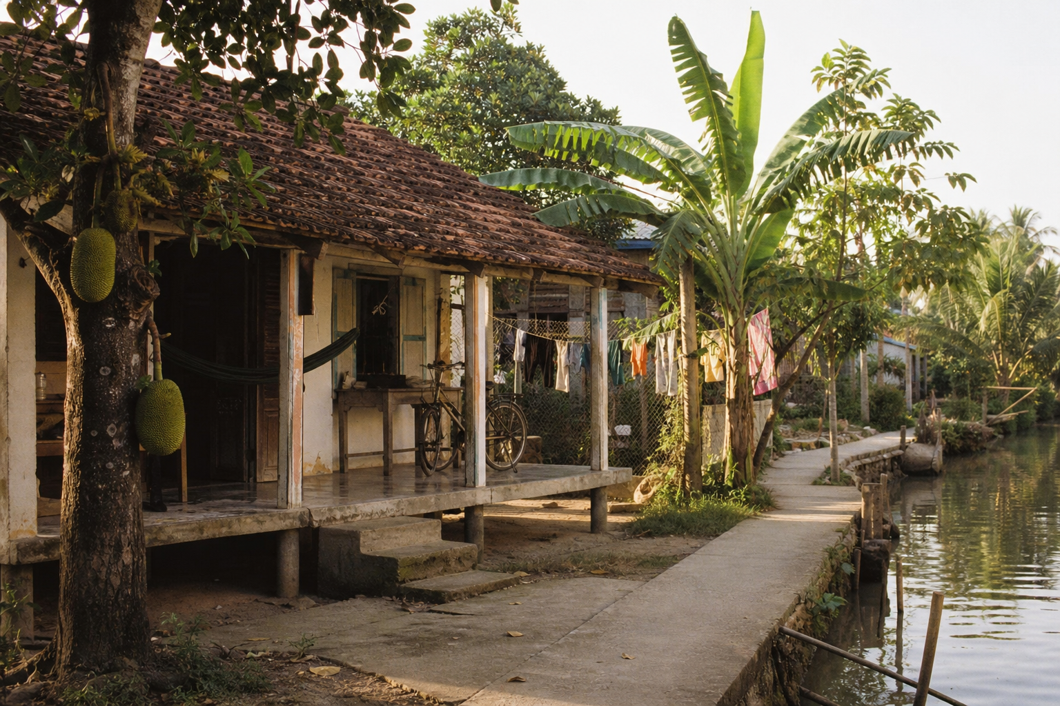 Canal-side family homestay with tiled roof, hammock and bicycles in the Mekong Delta countryside