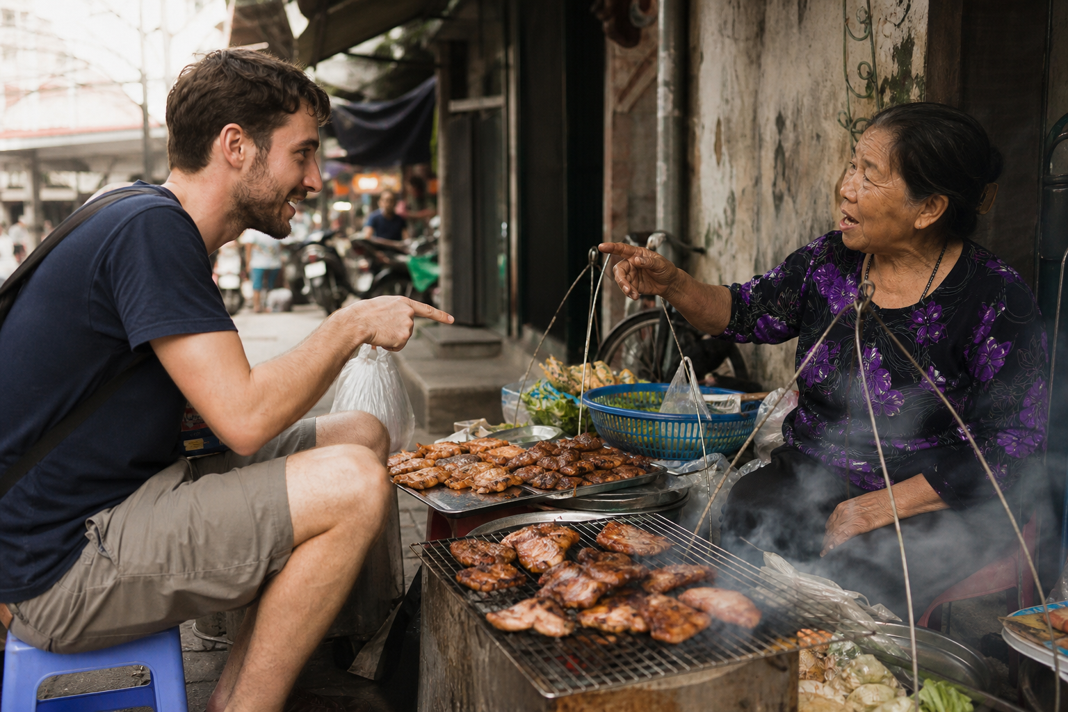 Traveler on a plastic stool pointing at grilled pork while talking with a Vietnamese street food vendor