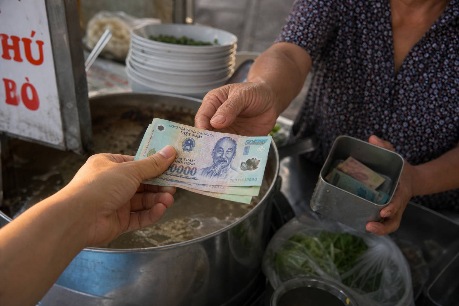 Customer handing Vietnamese dong banknotes to a street food vendor holding a cash tin