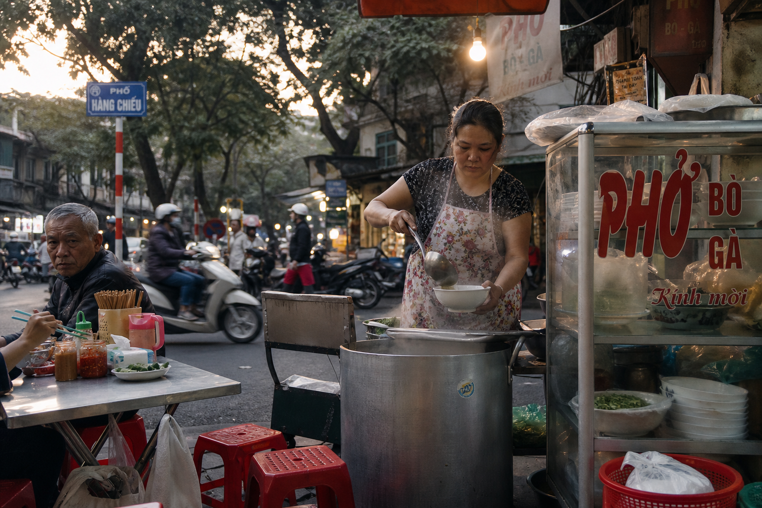 Vietnamese street food stall in Hanoi at dusk with a vendor ladling broth beside red plastic stools