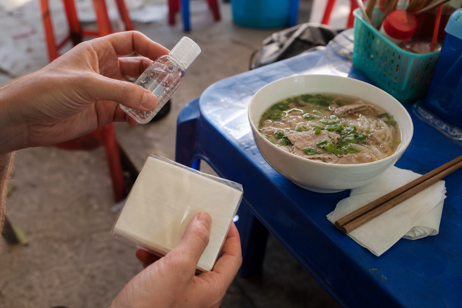 Traveller's hands holding hand sanitiser and tissues beside a bowl of Vietnamese noodle soup and chopsticks on a plastic street table