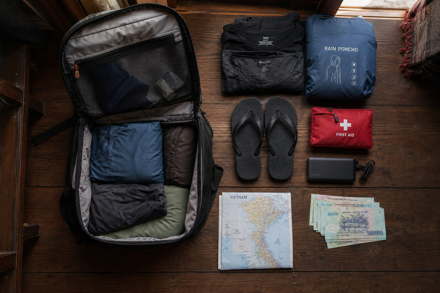 Vietnam packing list laid out flat on a wooden guesthouse floor with quick-dry shirts, poncho, power bank and dong banknotes