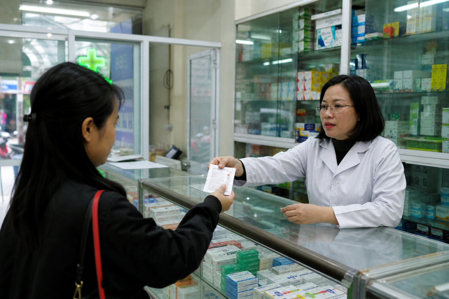 Pharmacist in a Vietnamese pharmacy handing over a sachet of oral rehydration salts across a glass counter