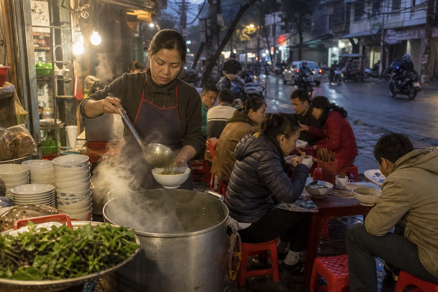 Busy Vietnamese street food stall in Hanoi at dusk with a vendor ladling broth from a steaming pot and locals eating on red plastic stools