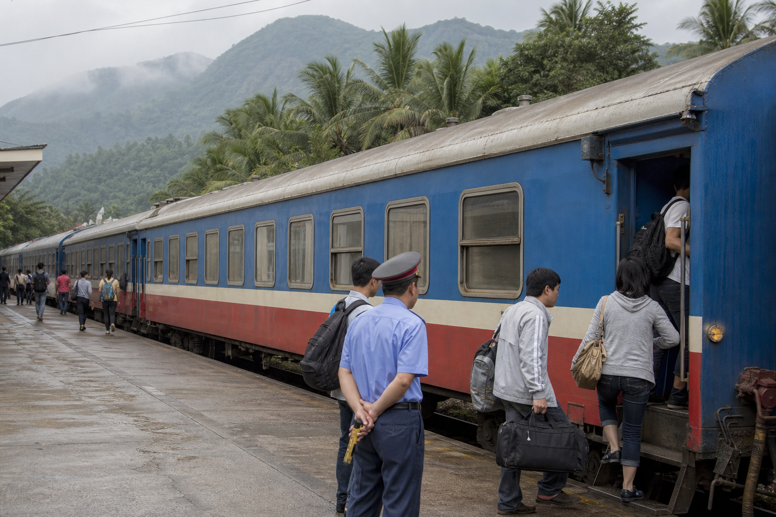 Passengers boarding a blue and cream Reunification Express carriage at a small station in central Vietnam