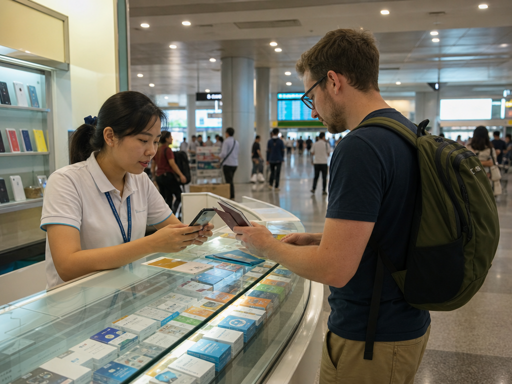 Telecom counter in a Vietnamese airport arrivals hall where staff register a tourist SIM card to a traveler's passport