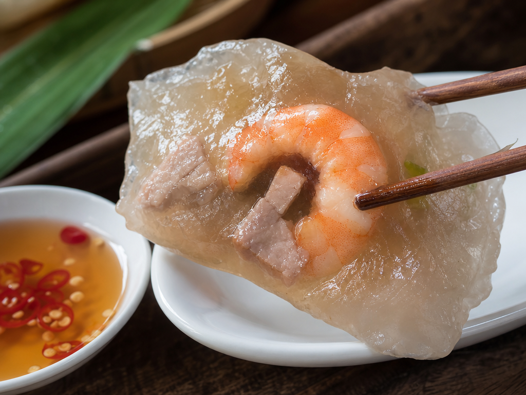 Close-up of a single unwrapped bánh bột lọc dumpling showing shrimp and pork visible through its translucent skin