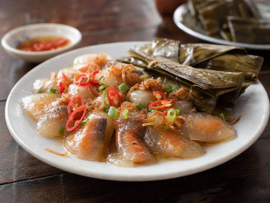 A plate of translucent bánh bột lọc dumplings topped with fish sauce, fried shallots, and chili