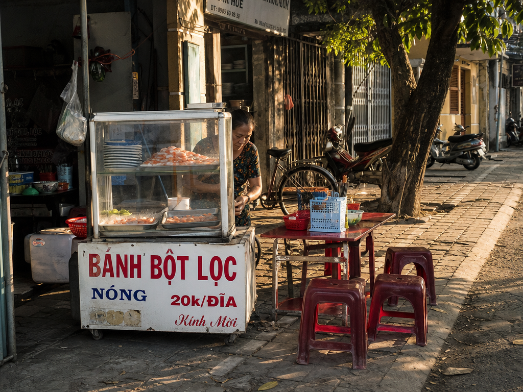 A small street food stall in Hue selling bánh bột lọc from a glass display case