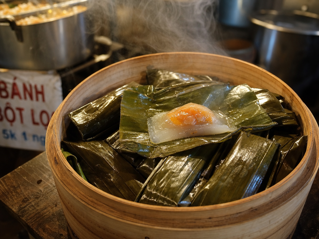 A bamboo steamer basket full of banana-leaf-wrapped bánh bột lọc parcels with visible steam