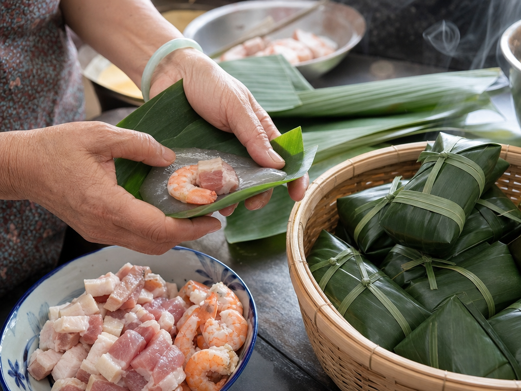 Hands wrapping tapioca dough and banana leaf around shrimp and pork belly filling
