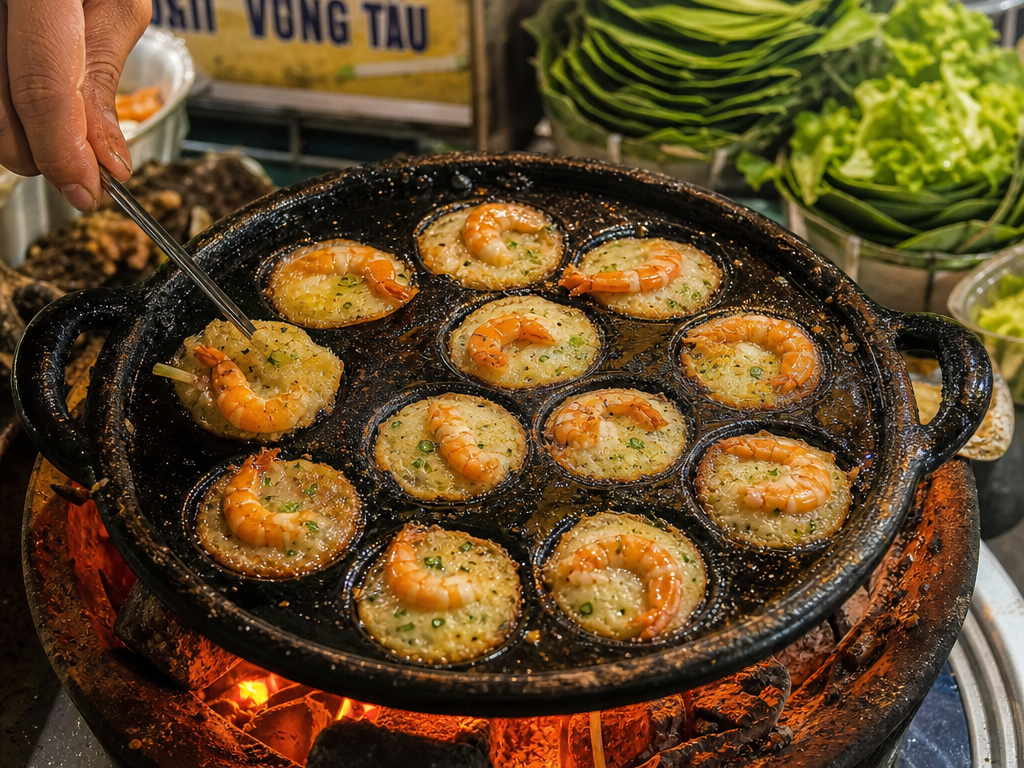 A cast-iron pan of bánh khọt mini pancakes topped with shrimp