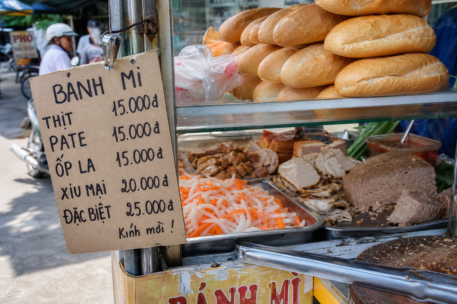 Banh mi cart on a Vietnamese sidewalk with a handwritten cardboard price sign in Vietnamese dong