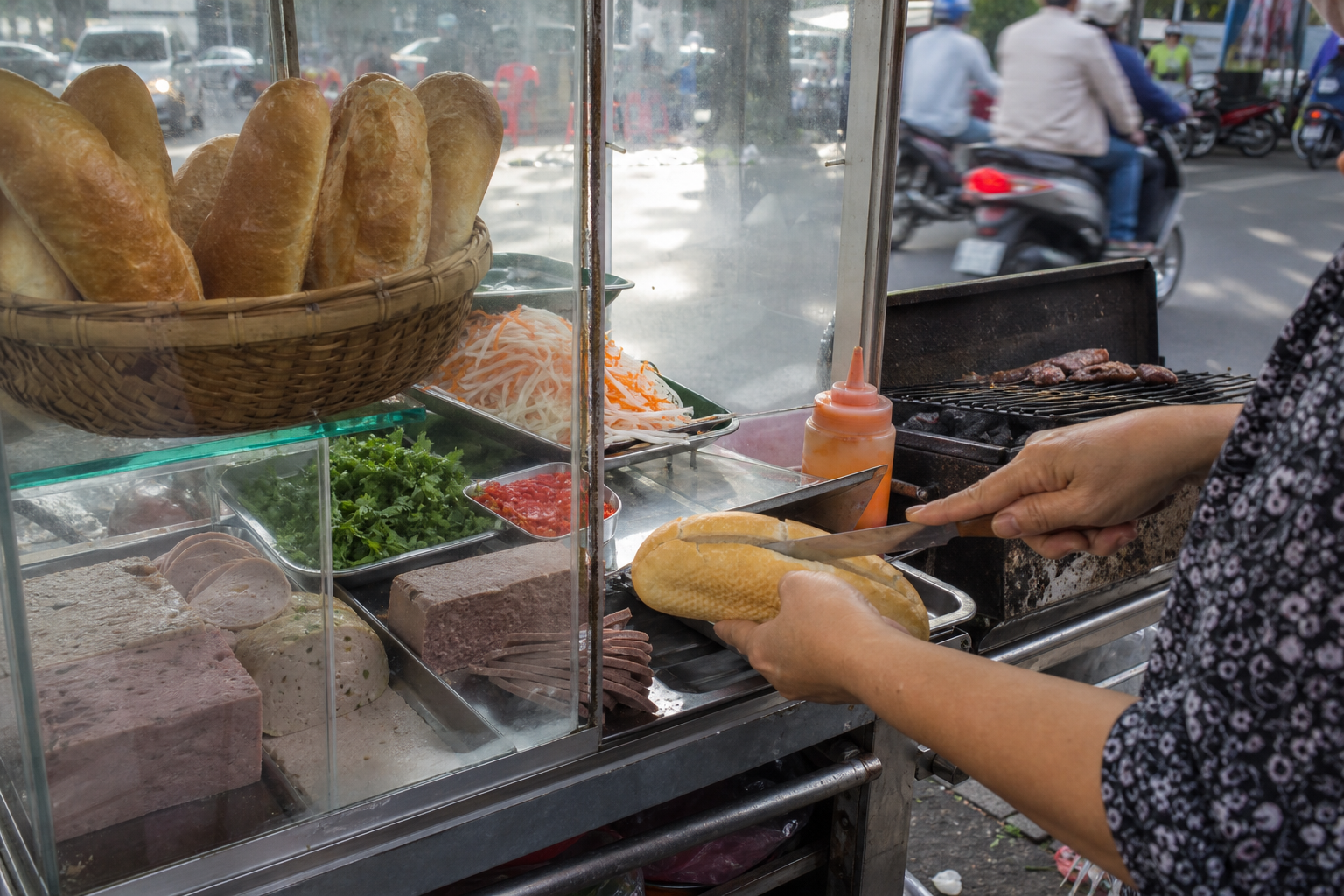 Vendor slicing open a baguette at a glass-sided bánh mì cart stocked with pâté, cold cuts and pickled carrot and daikon