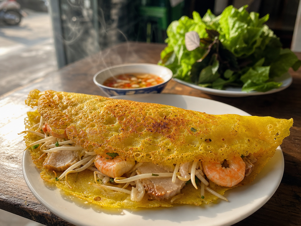 A folded bánh xèo crepe with shrimp and pork belly on a plate