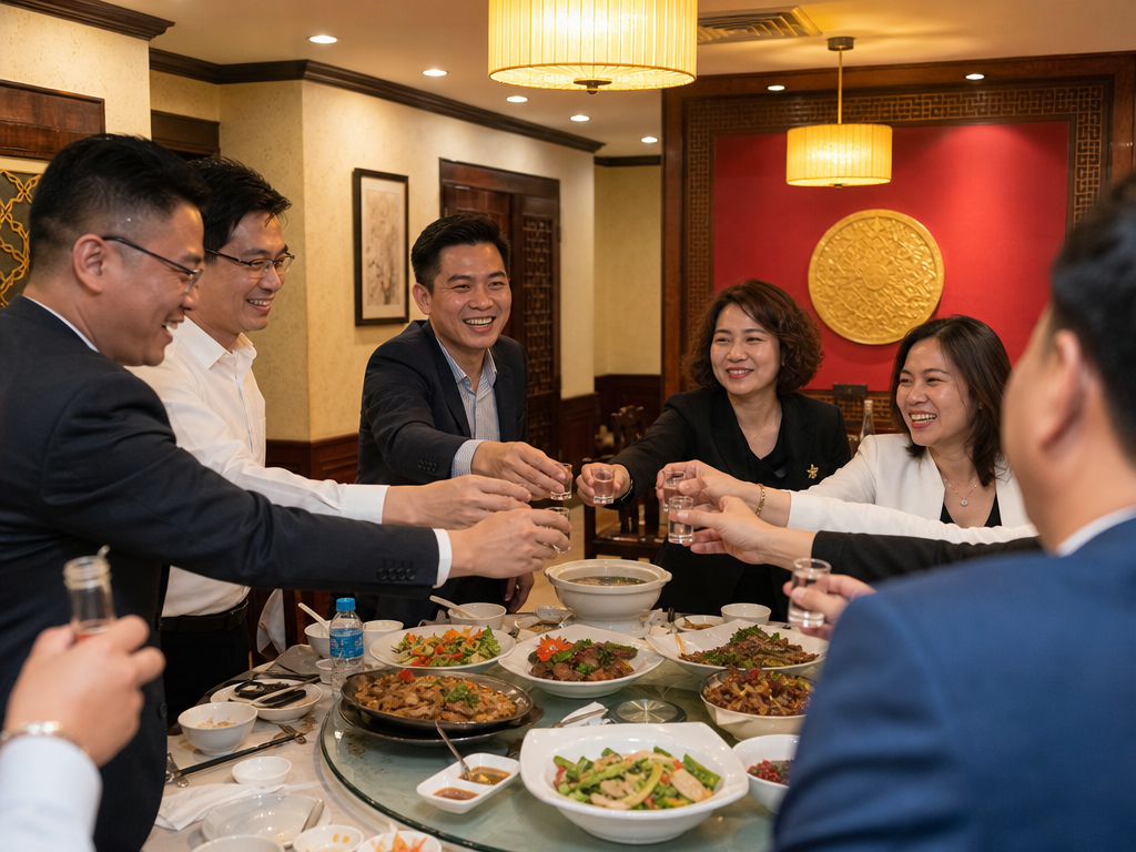 A group of colleagues raising small glasses for a toast at a formal Vietnamese banquet table