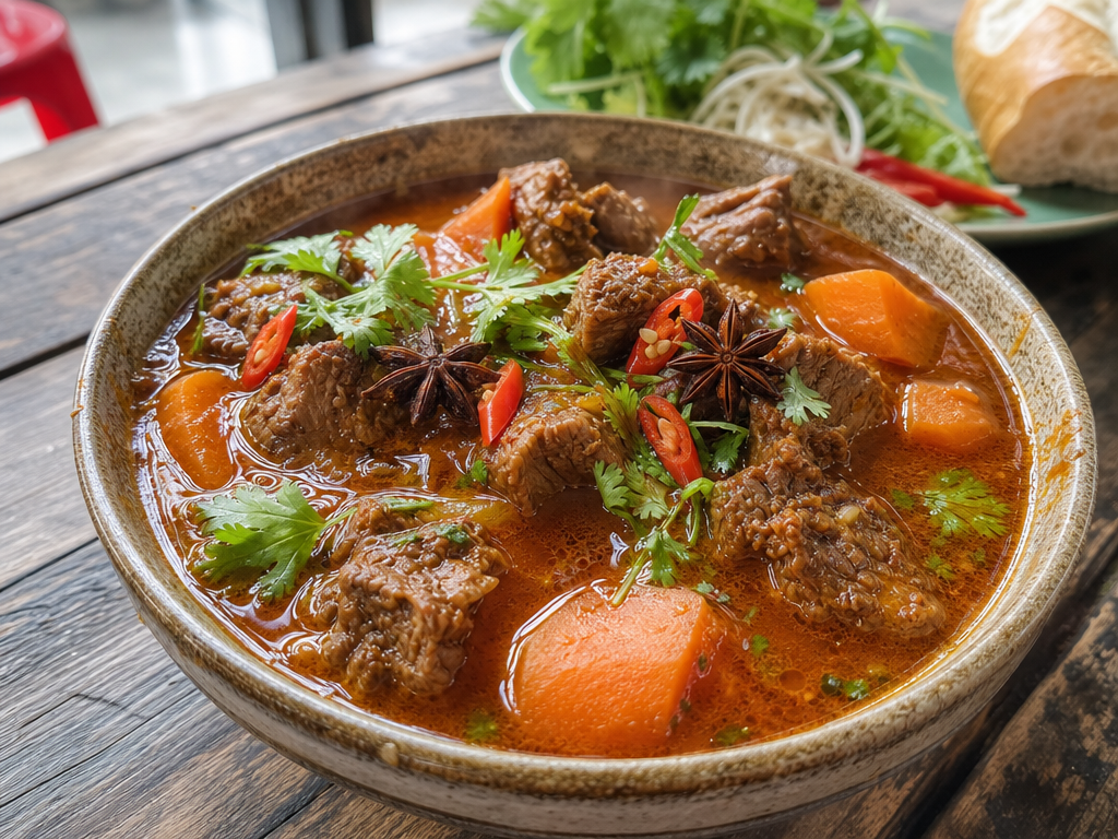 A bowl of Vietnamese bò kho beef stew with star anise pods and cilantro in reddish-orange broth