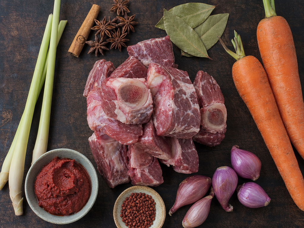 Raw ingredients for bò kho laid out on a wooden board including beef, star anise, cinnamon, lemongrass, and carrots