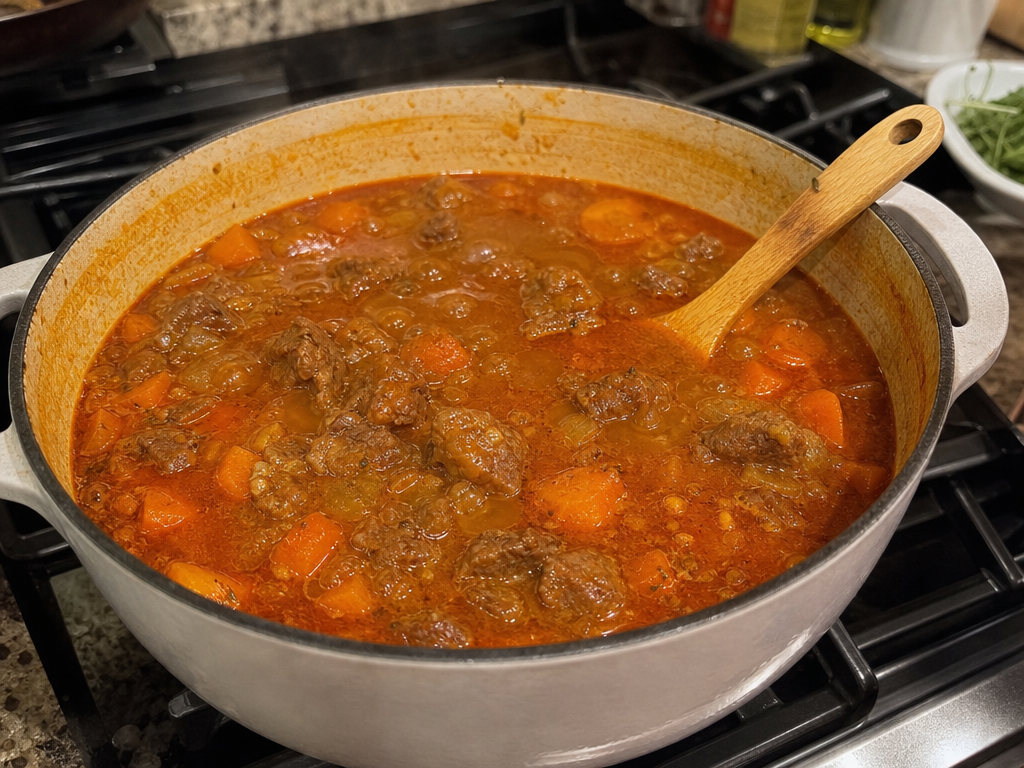 Large pot of bò kho simmering on a stove with visible beef chunks and orange-red broth