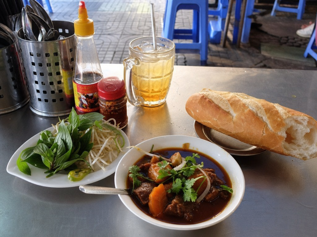 Bowl of bò kho served with a side of Vietnamese baguette at a street-side table