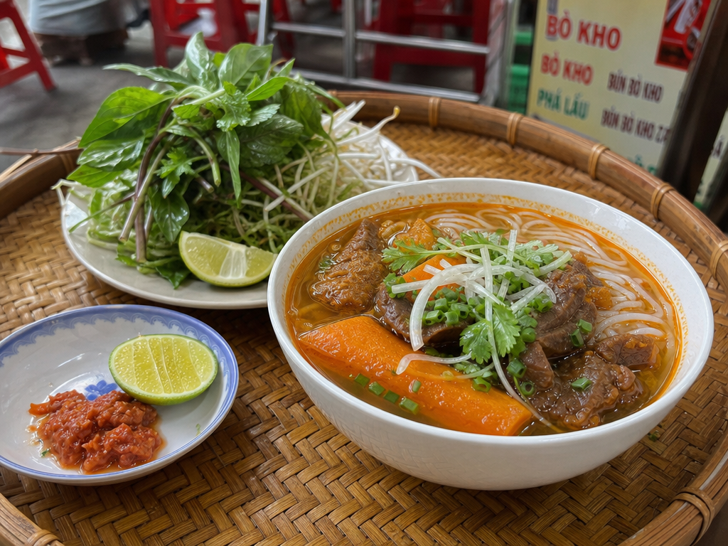 Bò kho served with rice noodles, fresh herbs, and a lime-chili dip on a tray