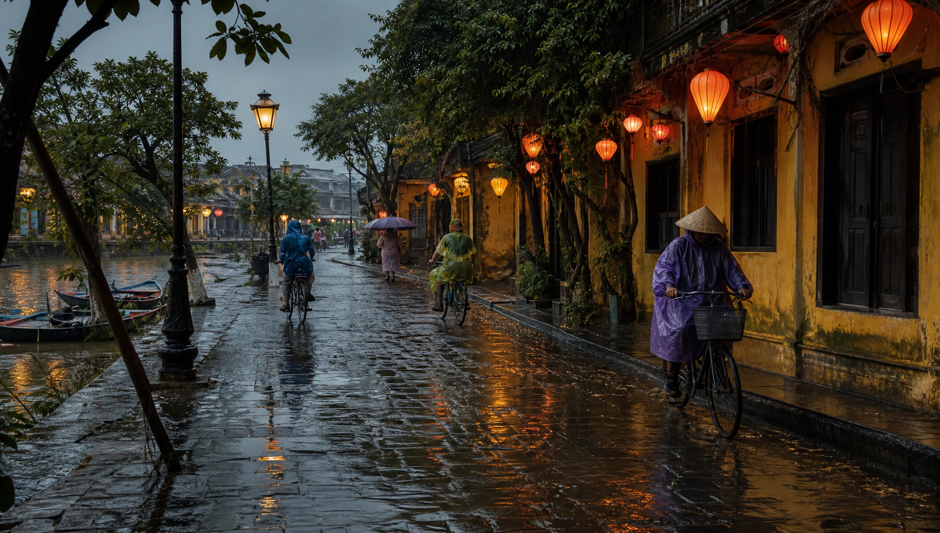 Rain-soaked lantern-lit street beside the river in Hoi An Ancient Town during the wet season
