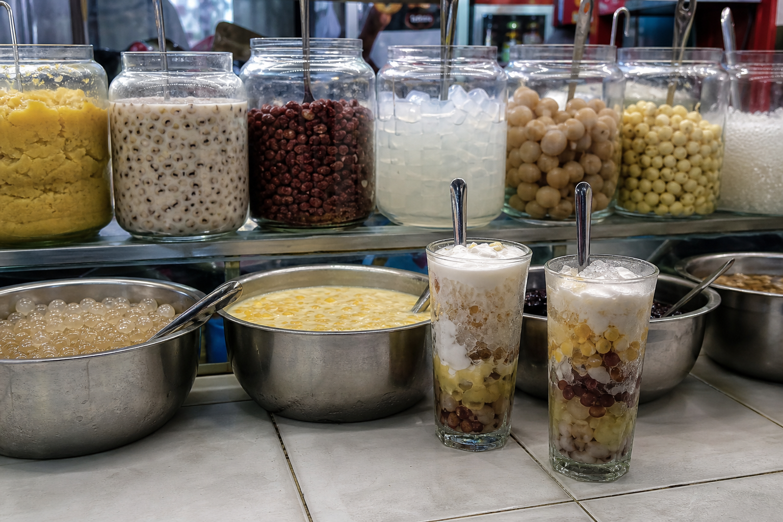 Chè dessert counter with jars of mung bean paste, red beans, jelly grass and longan beside two tall layered glasses with crushed ice