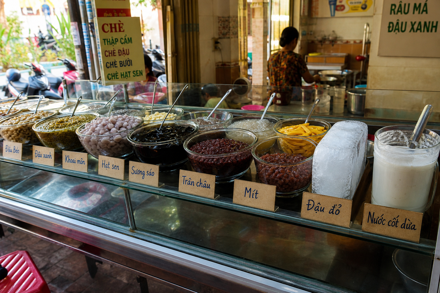 Row of stainless steel basins holding chè toppings including taro, mung bean, grass jelly and tapioca pearls