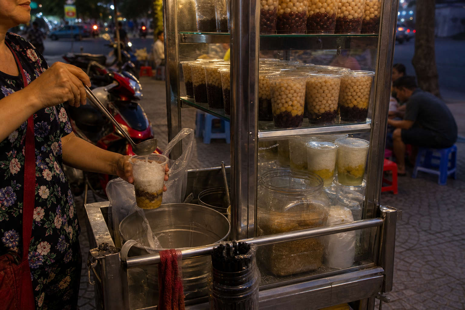 Sidewalk chè cart at dusk with a vendor ladling coconut milk into a takeaway cup