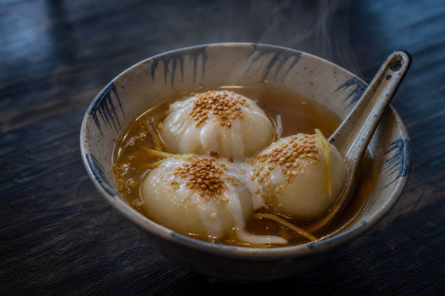 Hot bowl of chè trôi nước with glutinous rice balls in ginger syrup and coconut cream