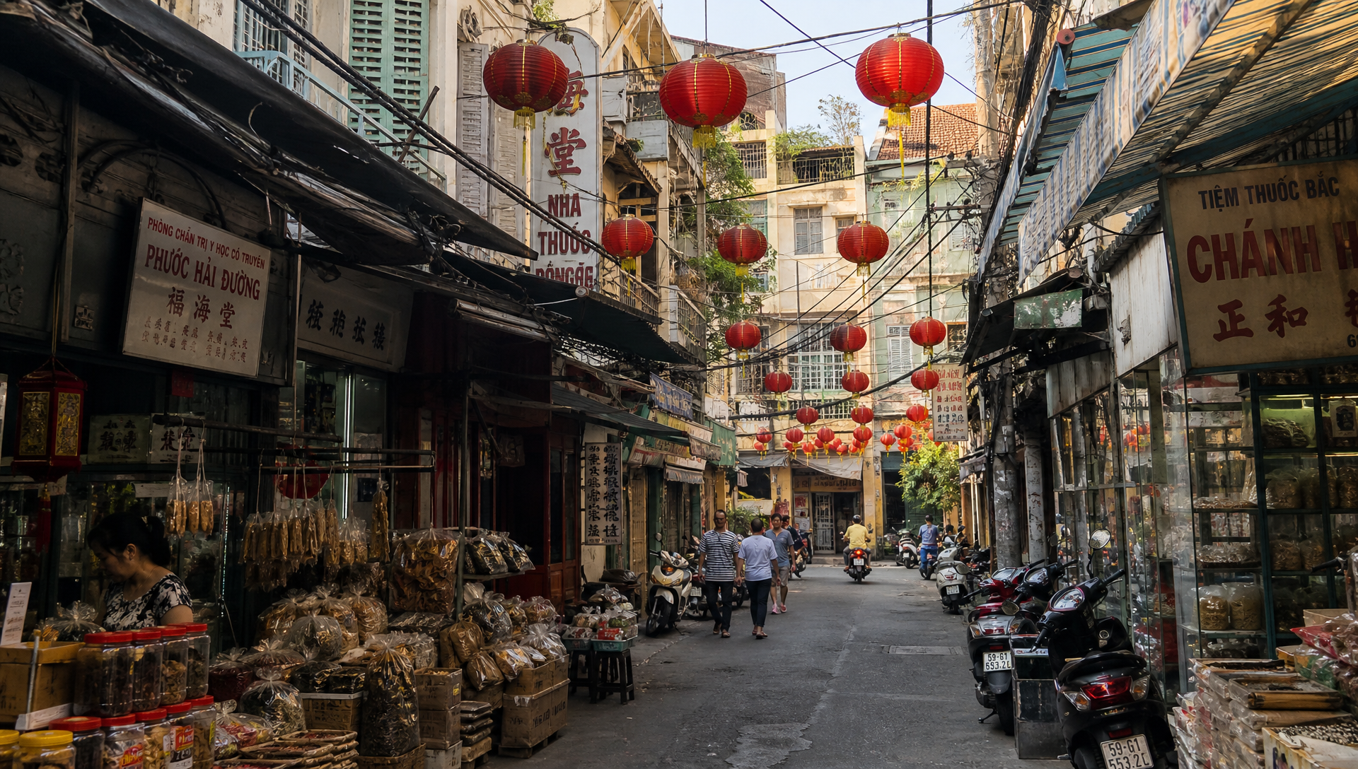 Narrow market alley in Cho Lon Chinatown, District 5, Ho Chi Minh City, with red lanterns and herbal shops