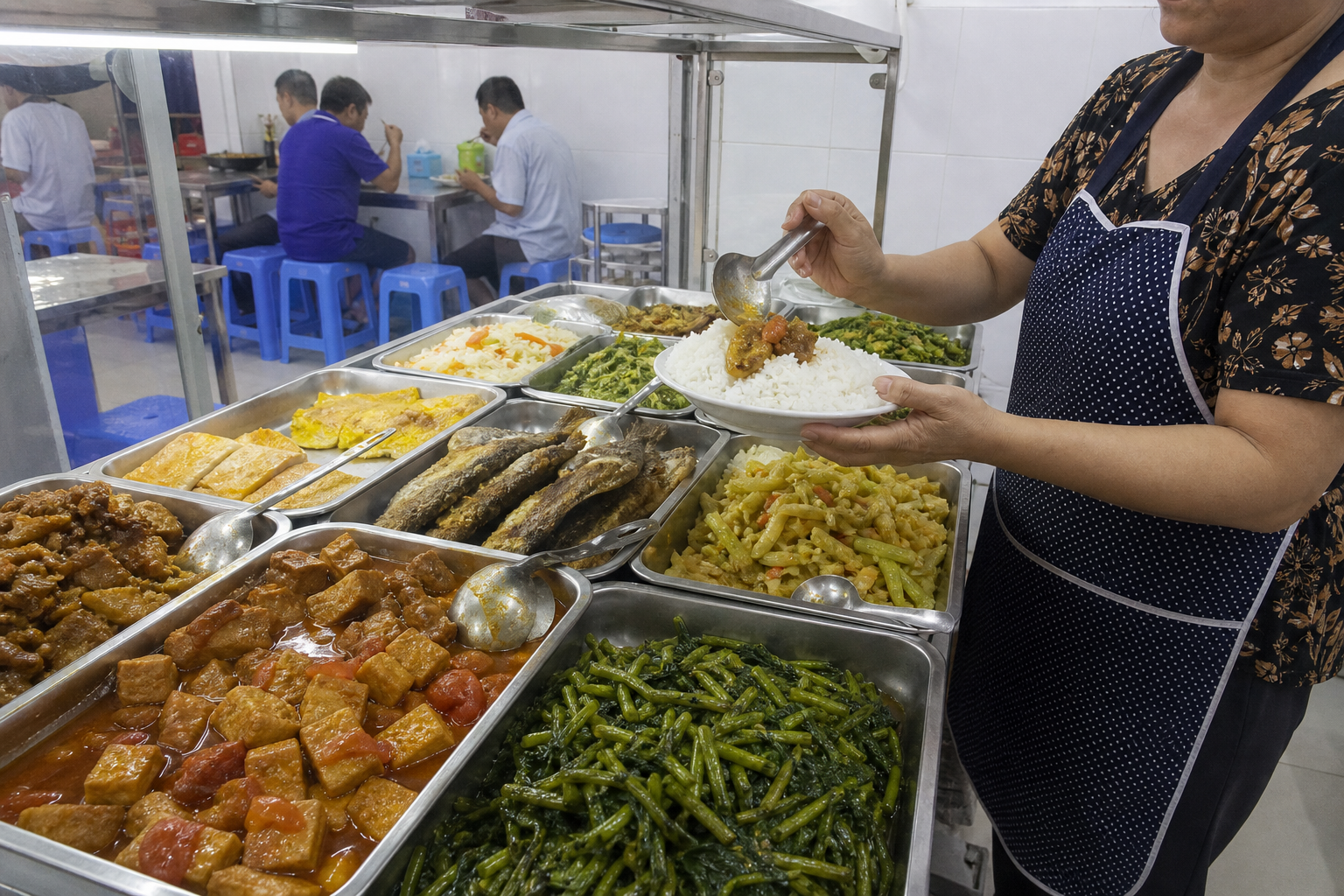 Steam-table counter at a Vietnamese quán cơm bình dân with braised pork, fried tofu in tomato sauce and stir-fried greens in aluminium trays