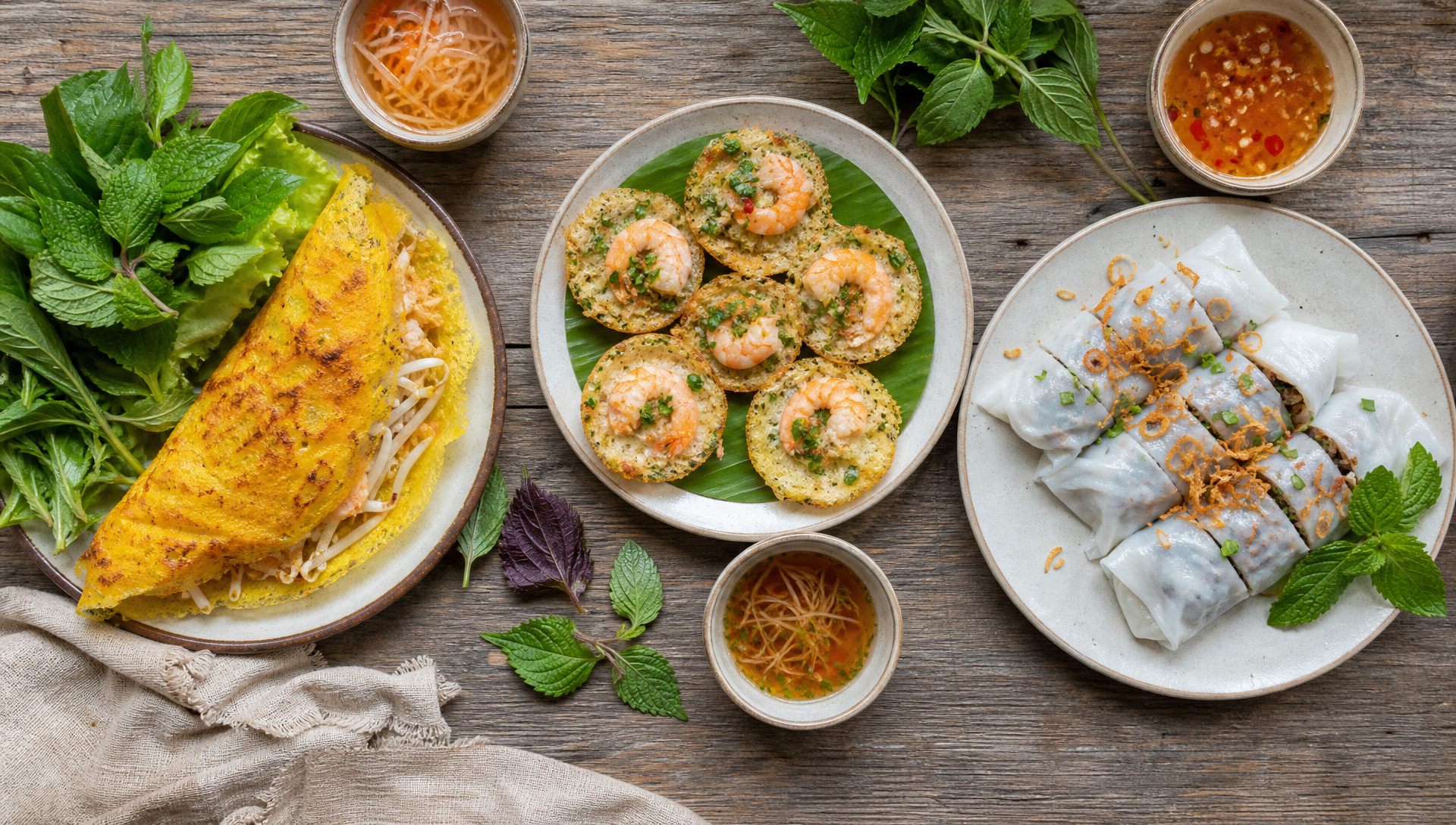 Bánh xèo, bánh khọt, and bánh cuốn plated side by side for comparison