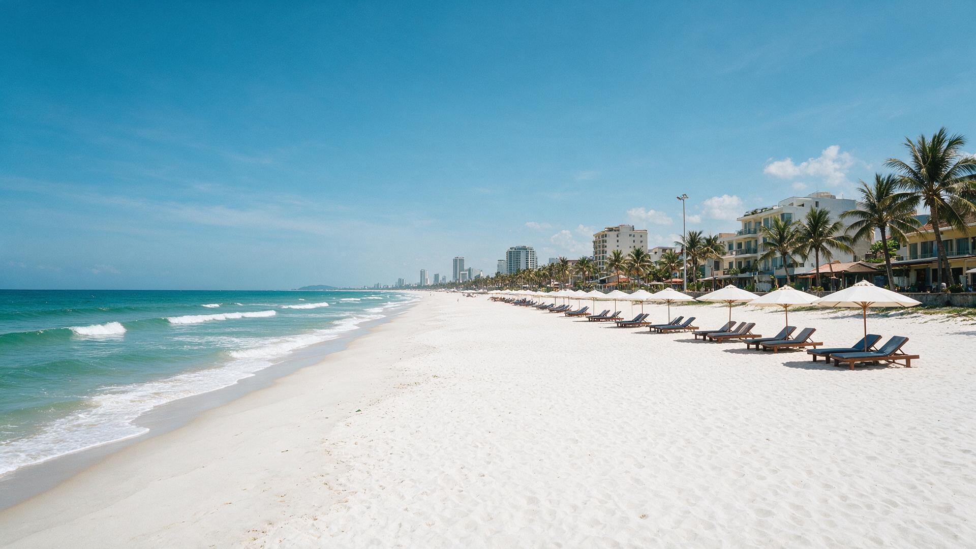 Rows of beach loungers and umbrellas on My Khe Beach in Da Nang