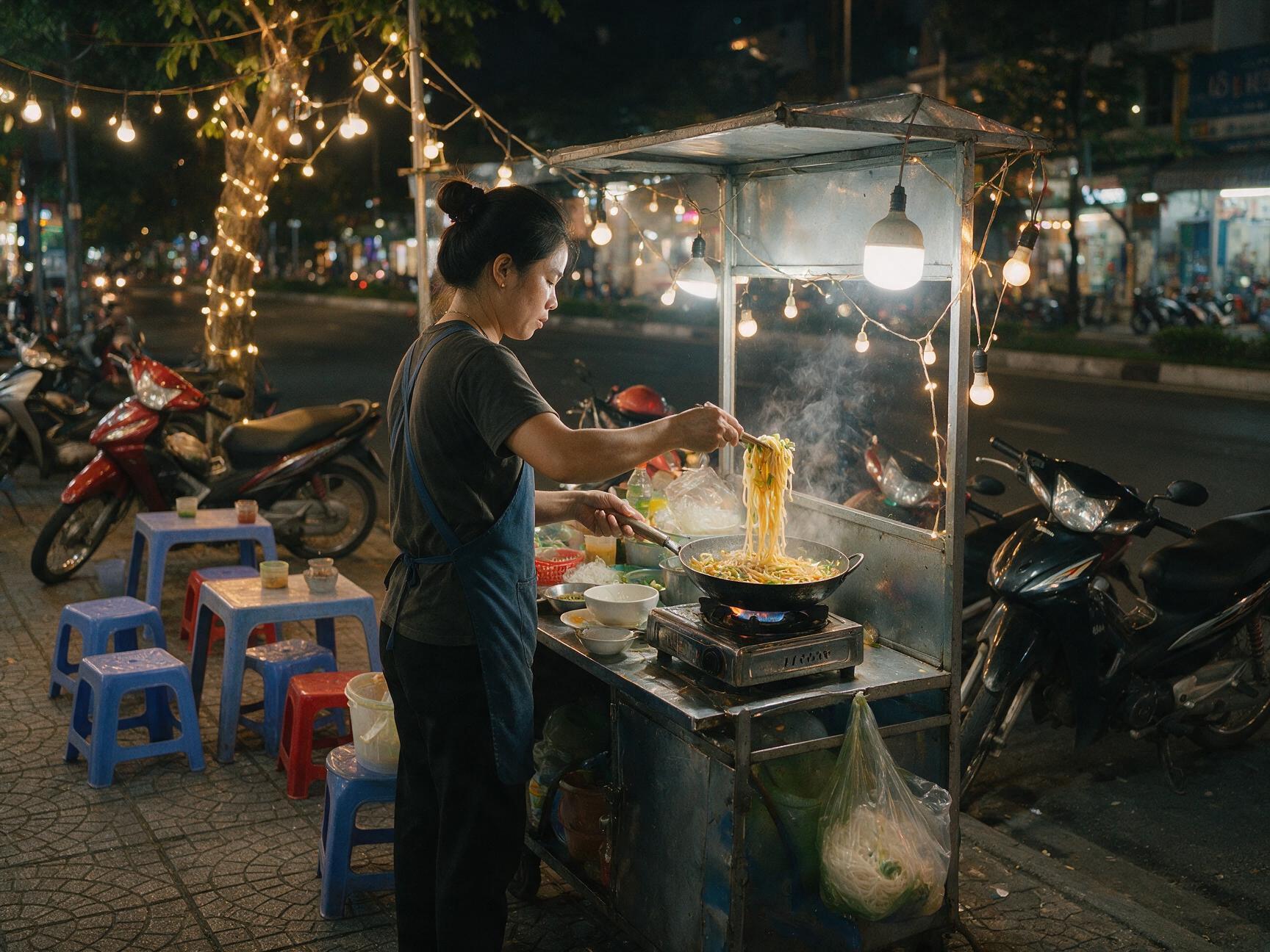 A street food stall with plastic stools cooking noodles at night in Da Nang