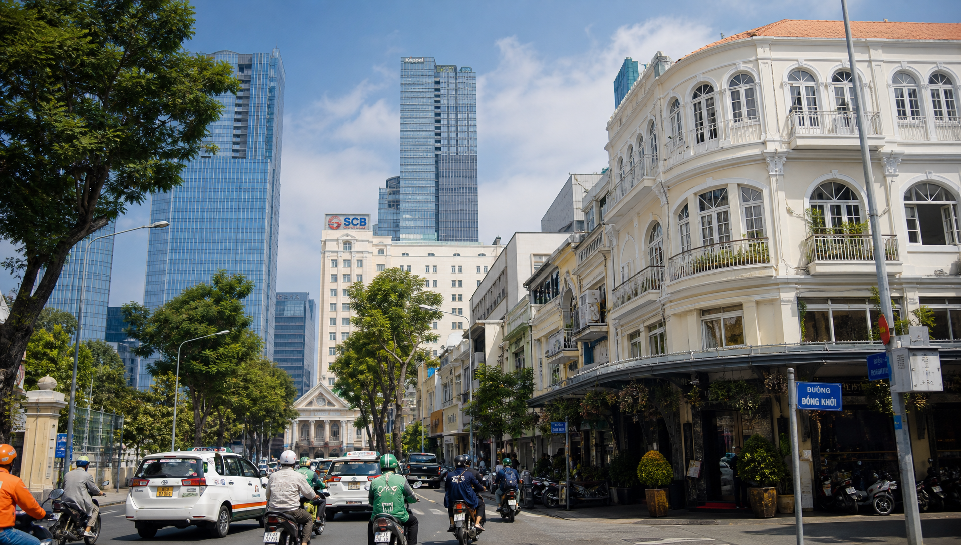 Dong Khoi street in District 1, Ho Chi Minh City, with colonial buildings and modern towers
